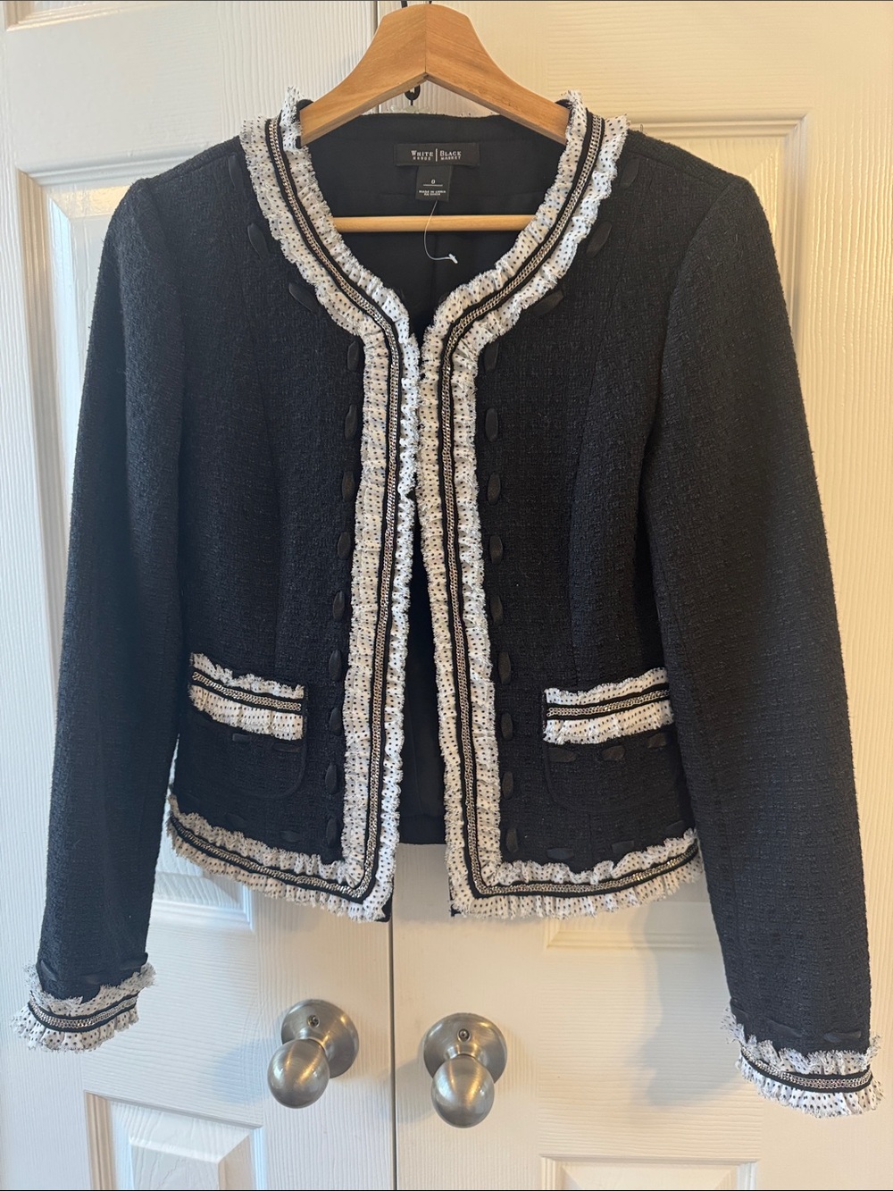 White House Black Market Black Tweed Jacket with White Trim
